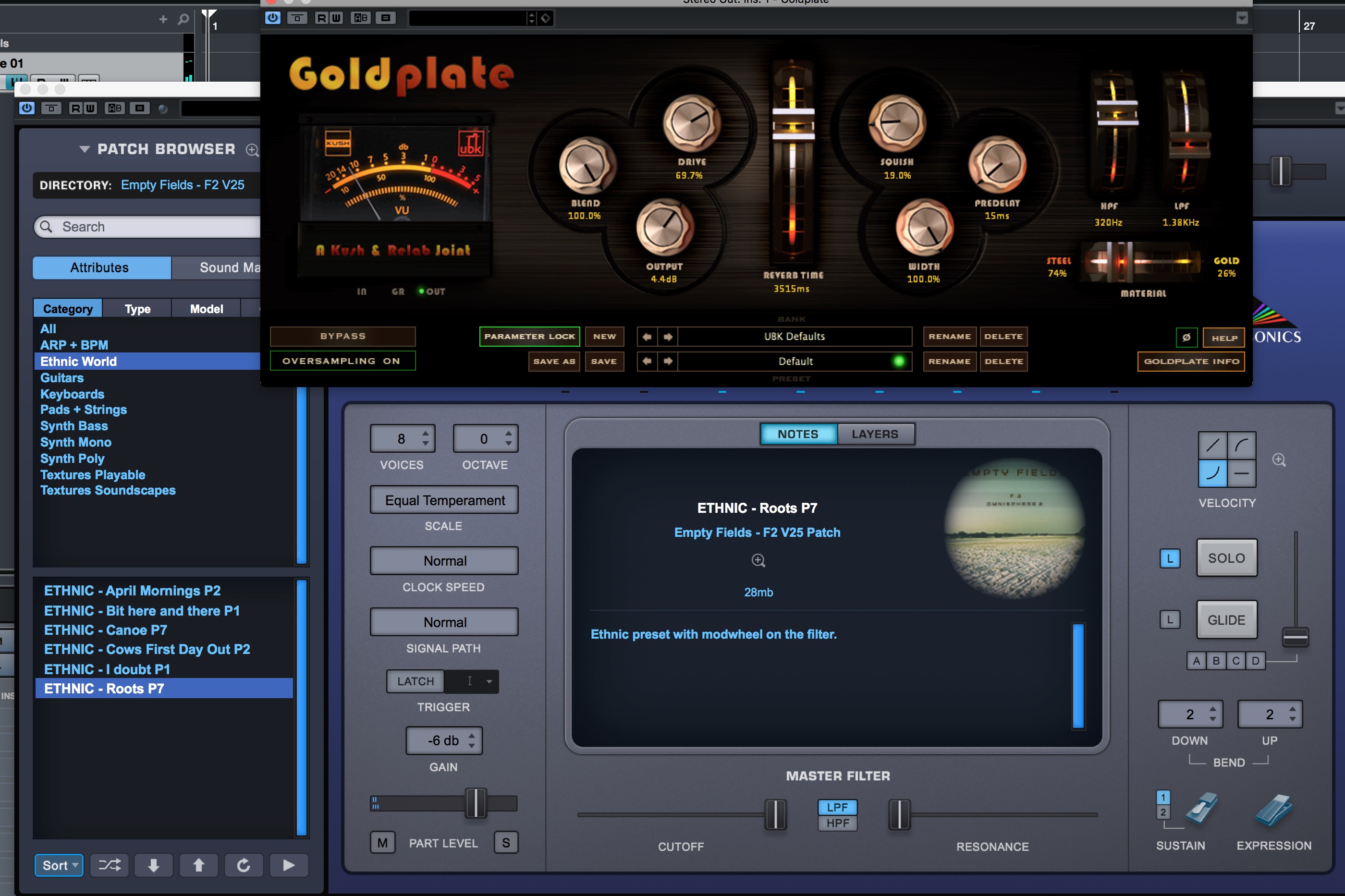 GOLDPLATE DYNAMIC PLATE REVERB by The House of Kush used with Empty Fields F2