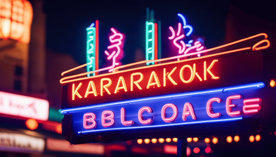 An image featuring a vibrant neon sign at a Japanese-inspired karaoke bar