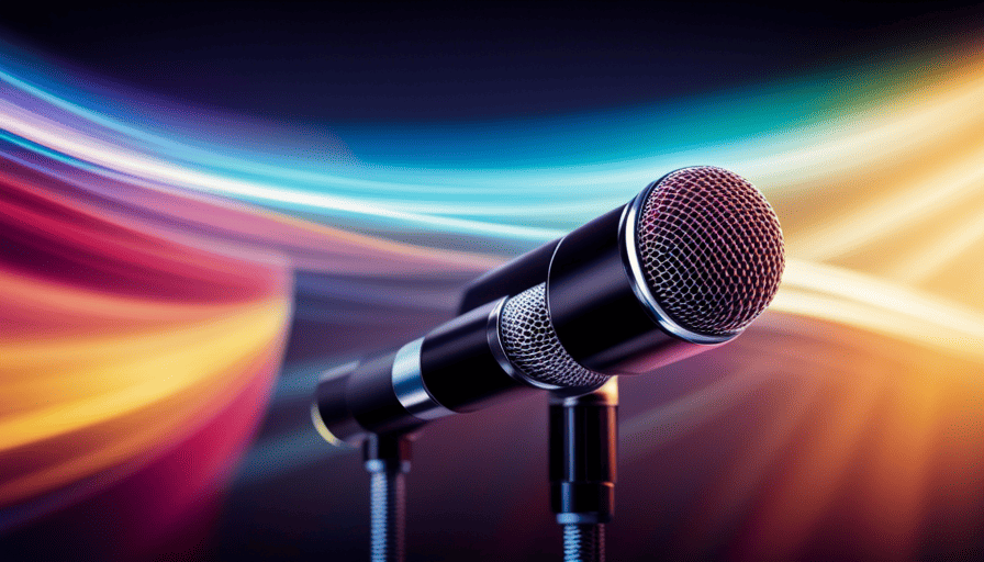 An image showcasing the inner workings of a karaoke machine: vibrant, multicolored audio cables intricately connecting the microphone, speakers, and amplifier, illuminated by a mesmerizing spectrum of sound waves