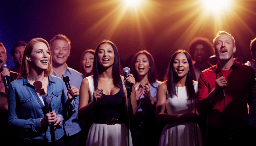 An image showcasing a dimly lit karaoke bar, with a diverse group of people singing on stage under colorful spotlights