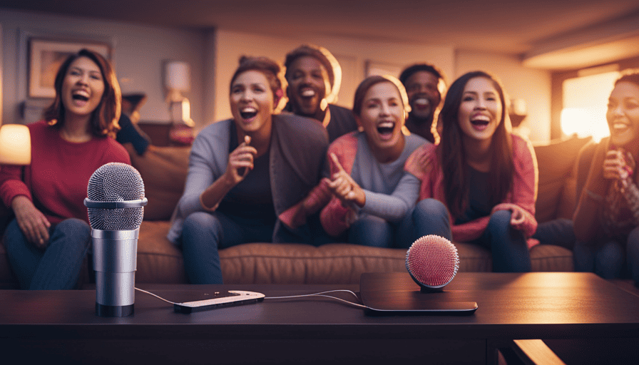 An image featuring a group of friends gathered around a cozy living room, with a large TV displaying vibrant karaoke lyrics from Apple Music