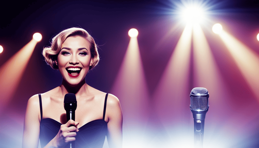 An image featuring a dimly lit karaoke bar stage, with a vibrant spotlight illuminating a confident singer passionately belting out a song, surrounded by a cheering crowd, their faces radiating pure joy and excitement