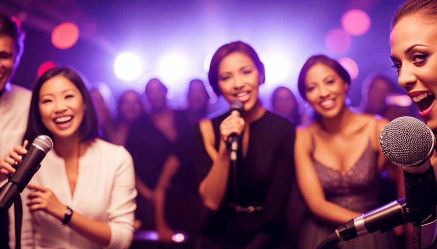 An image capturing the enchanting essence of a "What A Beautiful Name" karaoke session – beams of colorful stage lights dance on the ecstatic faces of singers, their joyful expressions echoing the transcendence of the moment