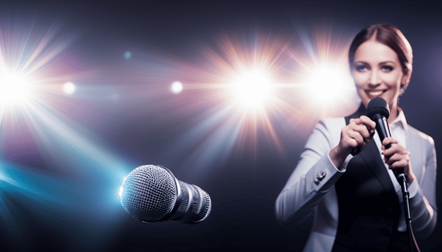 An image featuring a microphone, spotlight, and a smiling, confident singer belting out a popular karaoke song