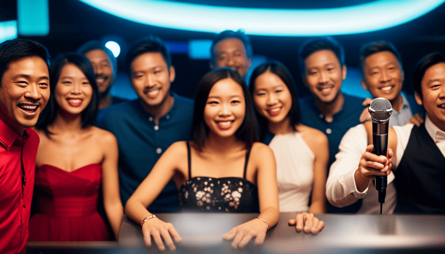 An image featuring a vibrant karaoke bar in Asia, with a diverse group of people passionately singing, surrounded by colorful flashing lights, energetic gestures, and contagious smiles, capturing the undeniable allure of karaoke culture