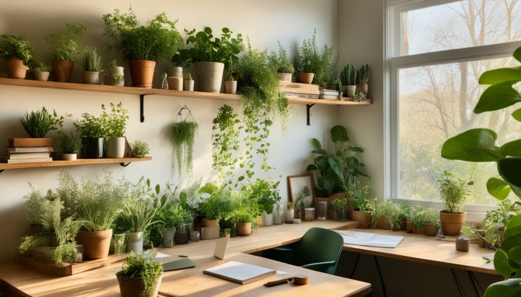 indoor plants enhancing cottagecore workspace
