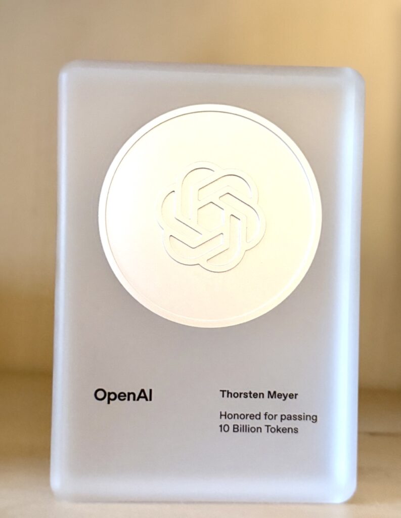 Thorsten Meyer Honored by OpenAI for Surpassing 10 Billion API Tokens 2 Honored to Receive the OpenAI 10 Billion Token Award Large