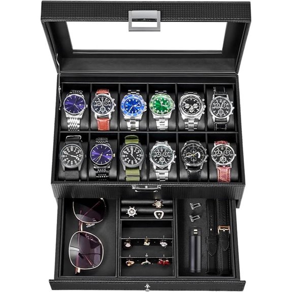 BEWISHOME 12-Slot Watch Box with Glass Top