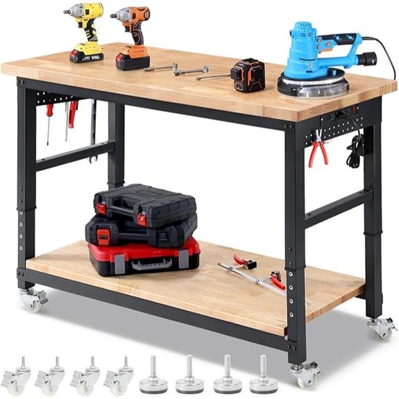 Adjustable Garage Workbench with Storage and Outlets