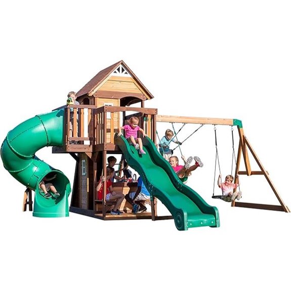 15 Best Wooden Backyard Playsets That Will Keep Kids Entertained All Summer 7 Backyard Discovery Cedar Cove Playset with Slides and Swings