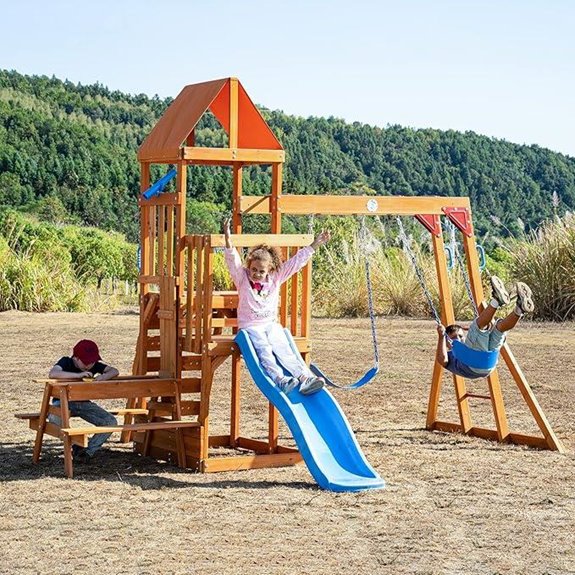 15 Best Wooden Backyard Playsets That Will Keep Kids Entertained All Summer 12 Dolphin Wooden Playground Set with Swings and Slide
