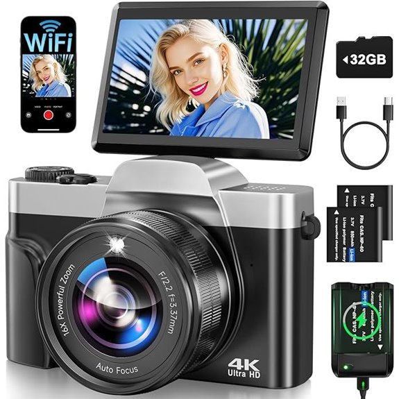 4K WiFi Camera with 64MP Flip Screen Zoom
