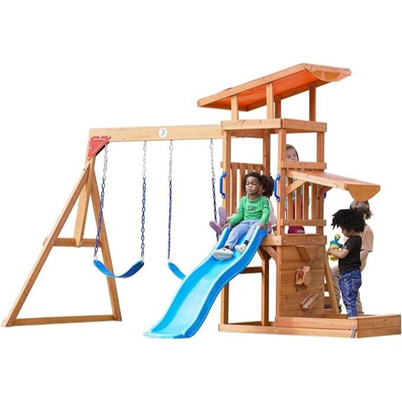 15 Best Wooden Backyard Playsets That Will Keep Kids Entertained All Summer 11 Dolphin Outdoor Wooden Swing Set with Slide and Climbing