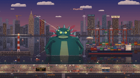 OpenAI vs Anthropic, Apple vs Microsoft and a Sea Monster: Meet Pixel Rivals 6 Kaiju Harbor: a friendly sea monster rises in a pixel-art harbour while the crowd on the promenade takes selfies