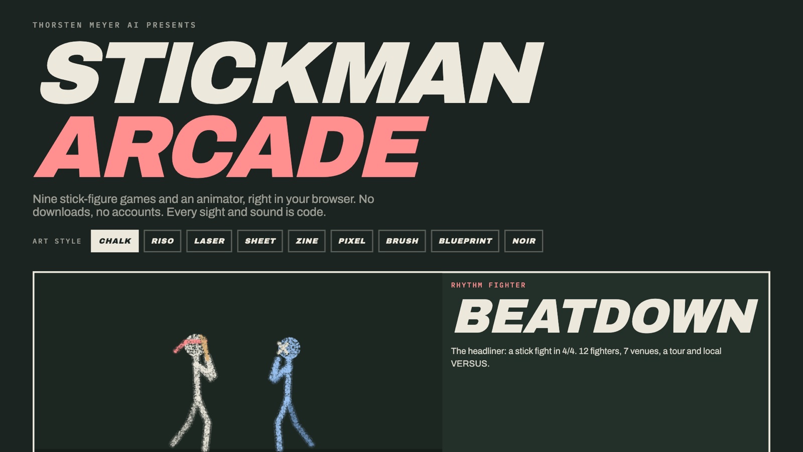 I Asked an AI to Make Its Own Stickman Game. By Evening It Had Built an Arcade. 5 Stickman Arcade lineup page with animated cards for nine games and an animator in chalk style