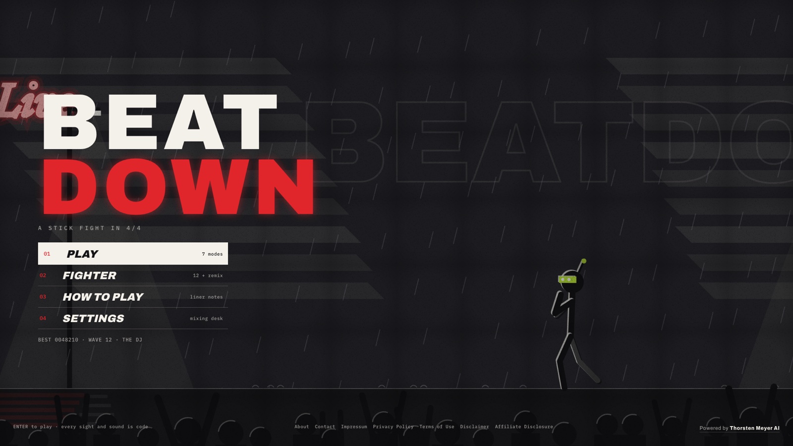 I Asked an AI to Make Its Own Stickman Game. By Evening It Had Built an Arcade. 9 BEATDOWN title in film-noir style, a stick-figure producer silhouetted against rain and a red neon sign