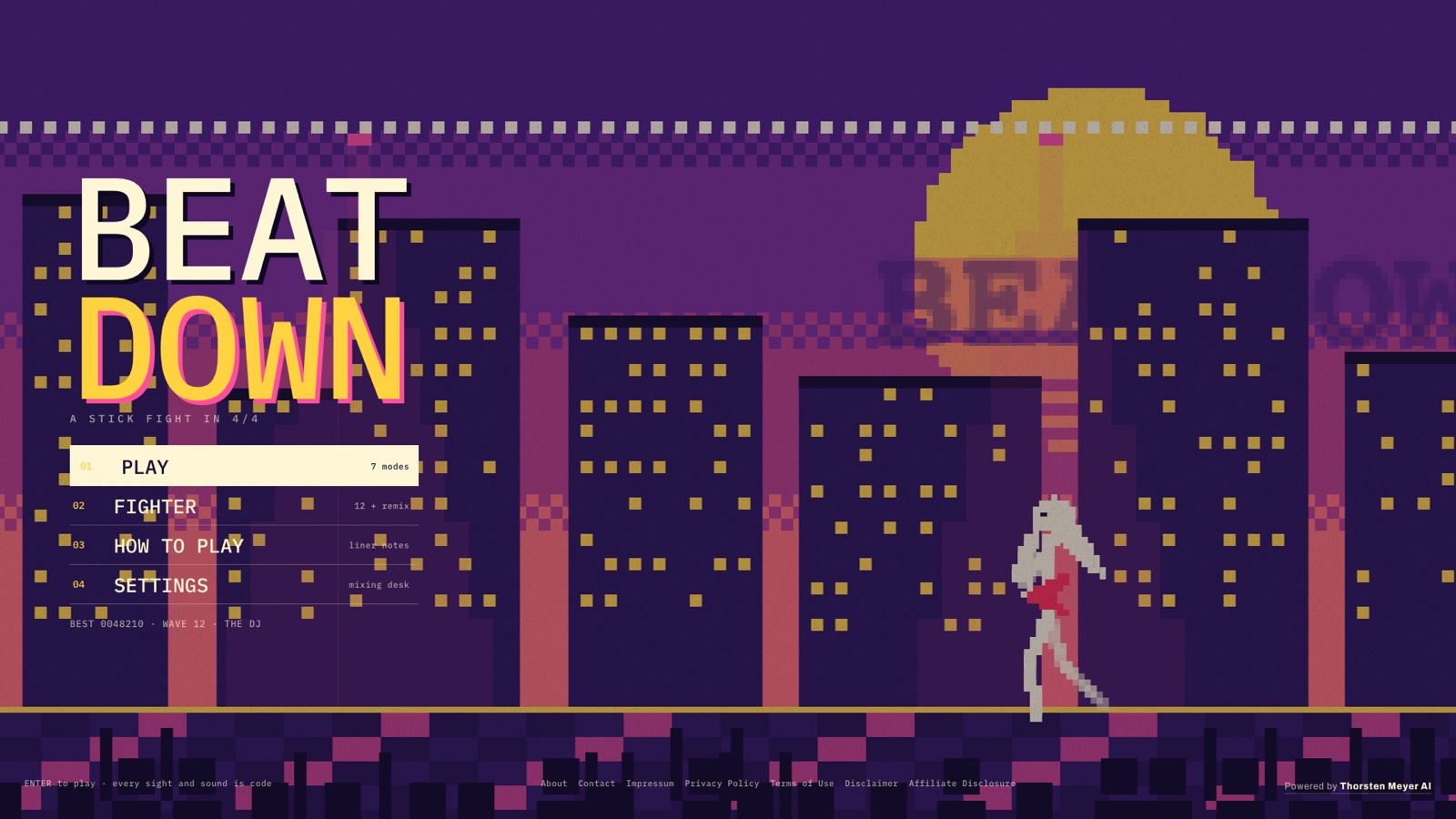 I Asked an AI to Make Its Own Stickman Game. By Evening It Had Built an Arcade. 10 BEATDOWN title in 8-bit pixel art with a stick-figure guitarist on an arcade stage