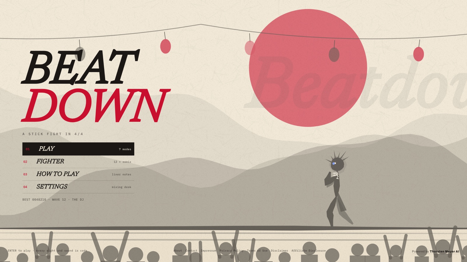 I Asked an AI to Make Its Own Stickman Game. By Evening It Had Built an Arcade. 11 BEATDOWN title in sumi-e ink-brush style with a red sun and lanterns behind a stick-figure pianist
