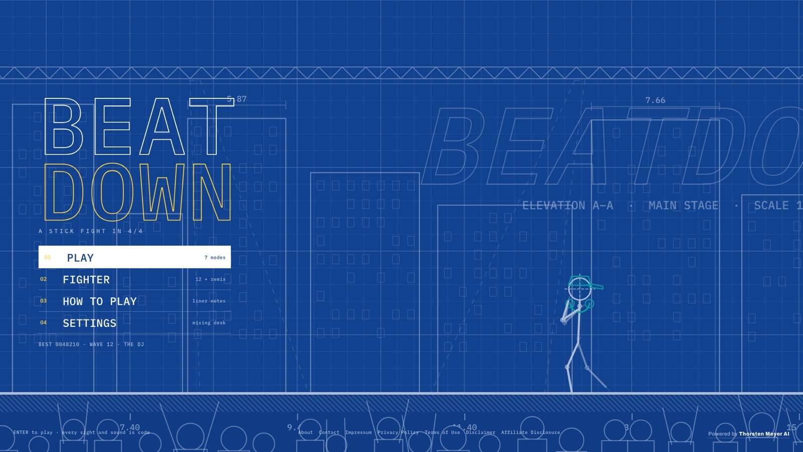 I Asked an AI to Make Its Own Stickman Game. By Evening It Had Built an Arcade. 12 BEATDOWN title as a technical blueprint drawing with a stick-figure beatboxer on grid paper
