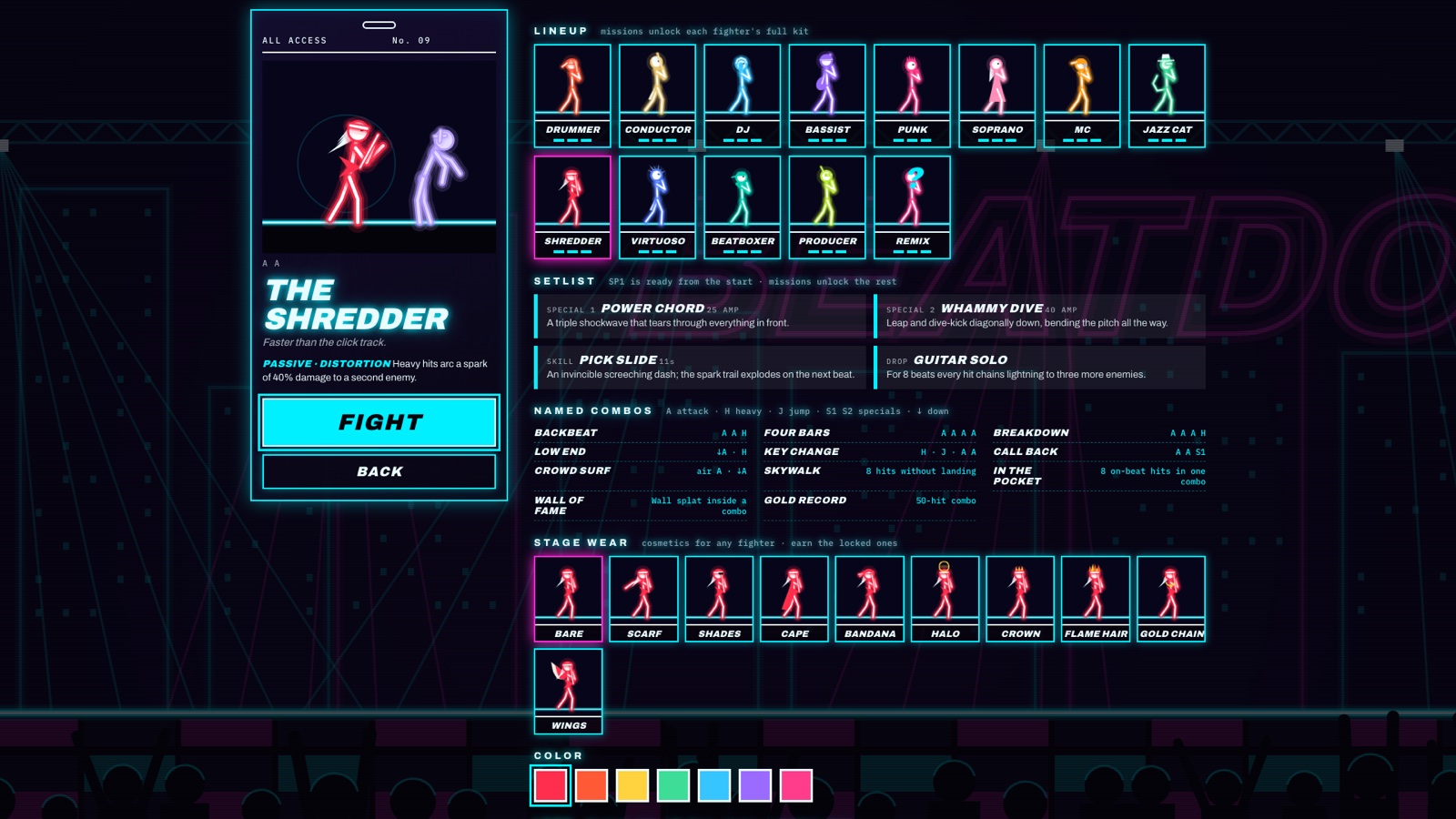I Asked an AI to Make Its Own Stickman Game. By Evening It Had Built an Arcade. 7 Fighter select screen in neon style showing twelve stick-figure musicians and an ability list