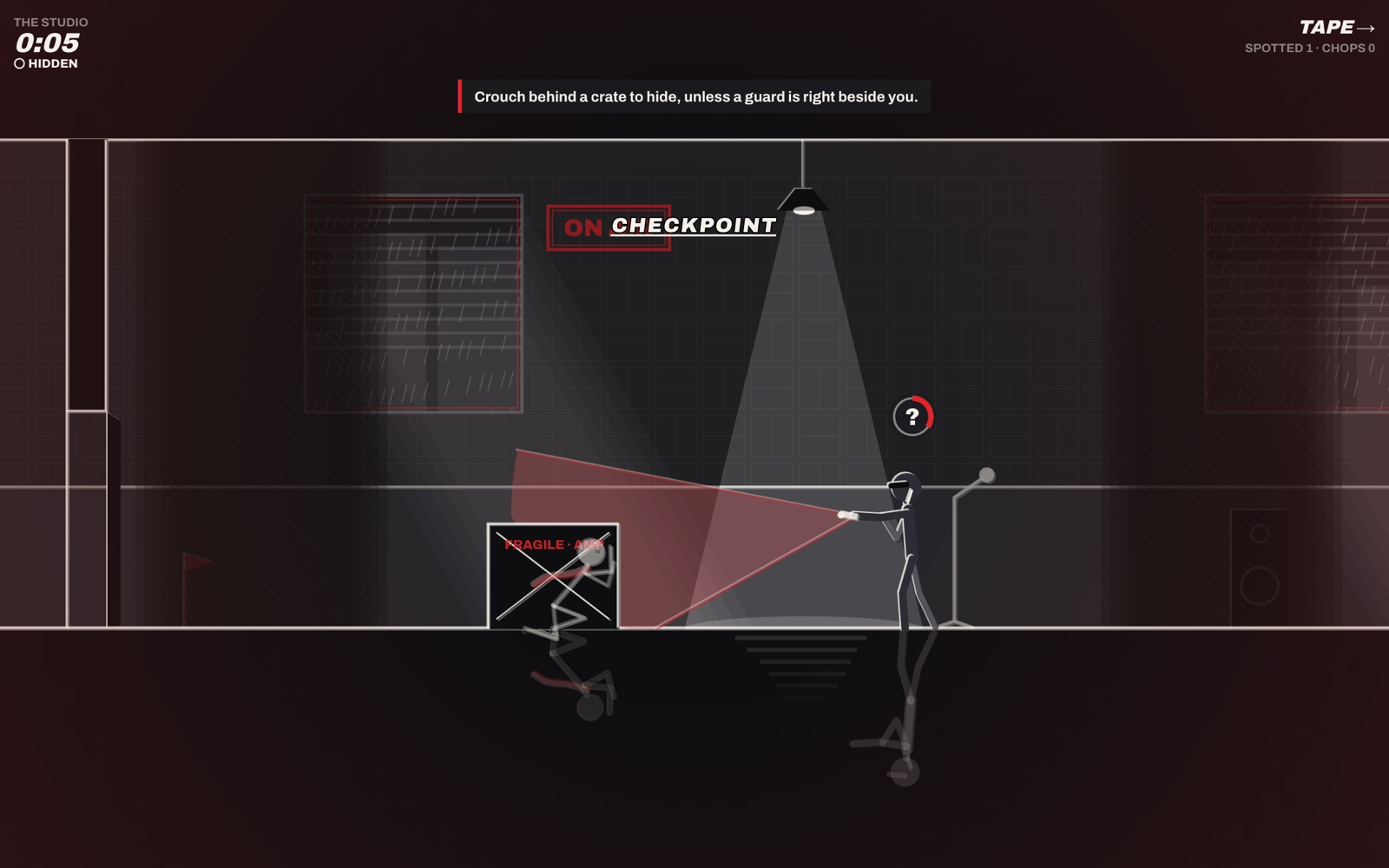 I Asked an AI to Make Its Own Stickman Game. By Evening It Had Built an Arcade. 16 Film-noir stealth scene: a thief hiding behind a crate while a guard sweeps a flashlight cone