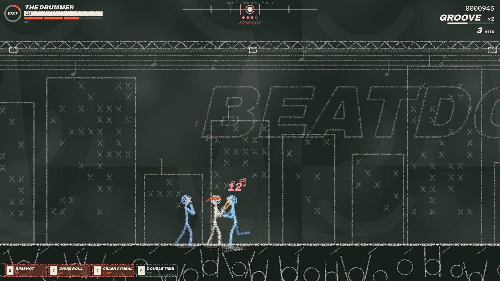 I Asked an AI to Make Its Own Stickman Game. By Evening It Had Built an Arcade. 6 Chalk stick-figure drummer landing an on-beat hit on a blue chalk enemy, musical notes flying