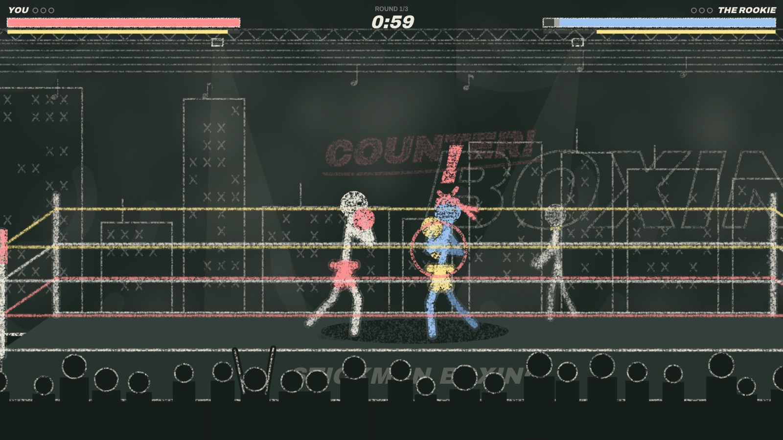 I Asked an AI to Make Its Own Stickman Game. By Evening It Had Built an Arcade. 17 Chalk boxing ring with two stick-figure boxers trading punches and a COUNTER! callout