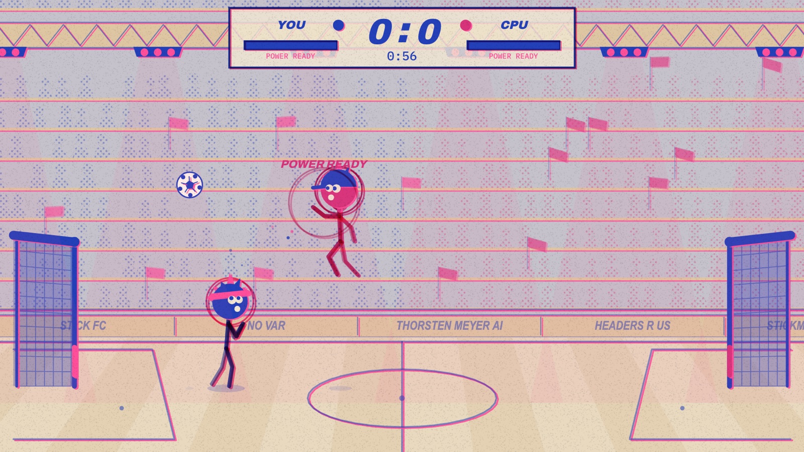 I Asked an AI to Make Its Own Stickman Game. By Evening It Had Built an Arcade. 18 Riso stadium with two big-headed stick figures chasing a ball toward a goal