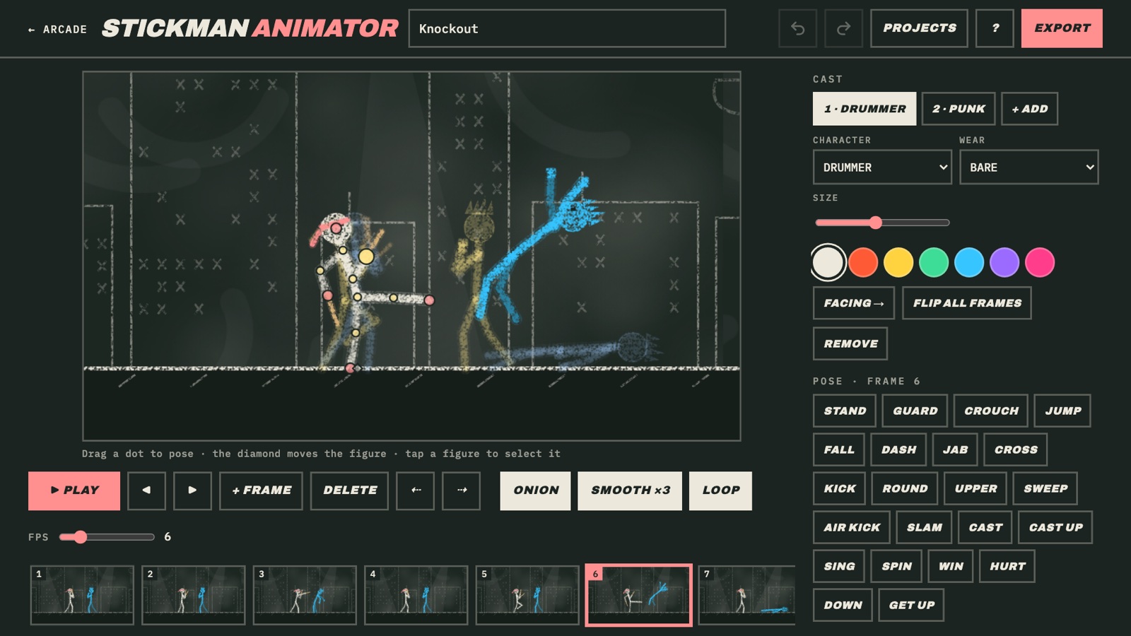 I Asked an AI to Make Its Own Stickman Game. By Evening It Had Built an Arcade. 20 Stickman Animator editor with two posed fighters, joint handles, a frame strip and style chips