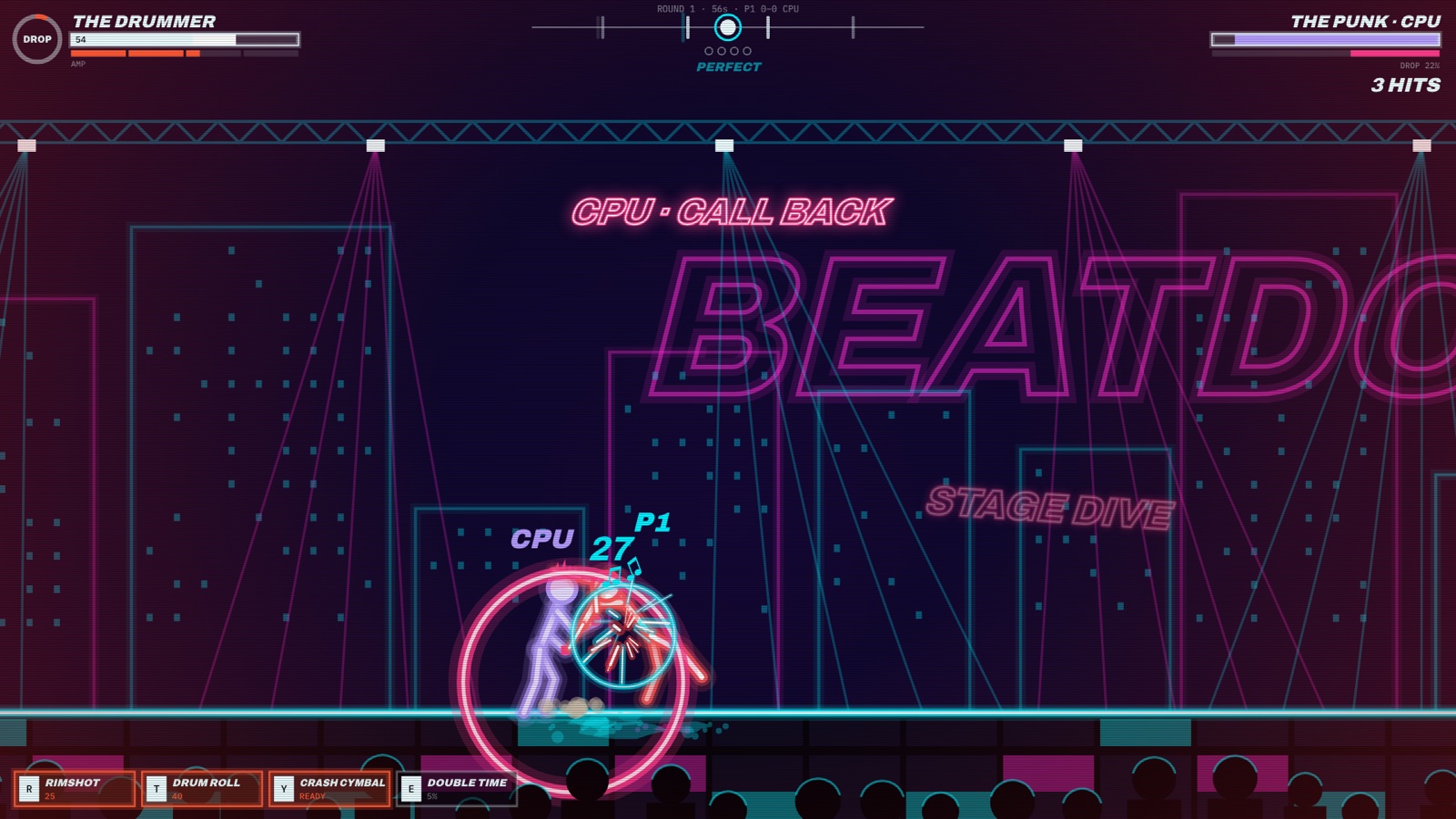 I Asked an AI to Make Its Own Stickman Game. By Evening It Had Built an Arcade. 15 Neon one-on-one fight between a drummer and a punk with round counter and two health bars