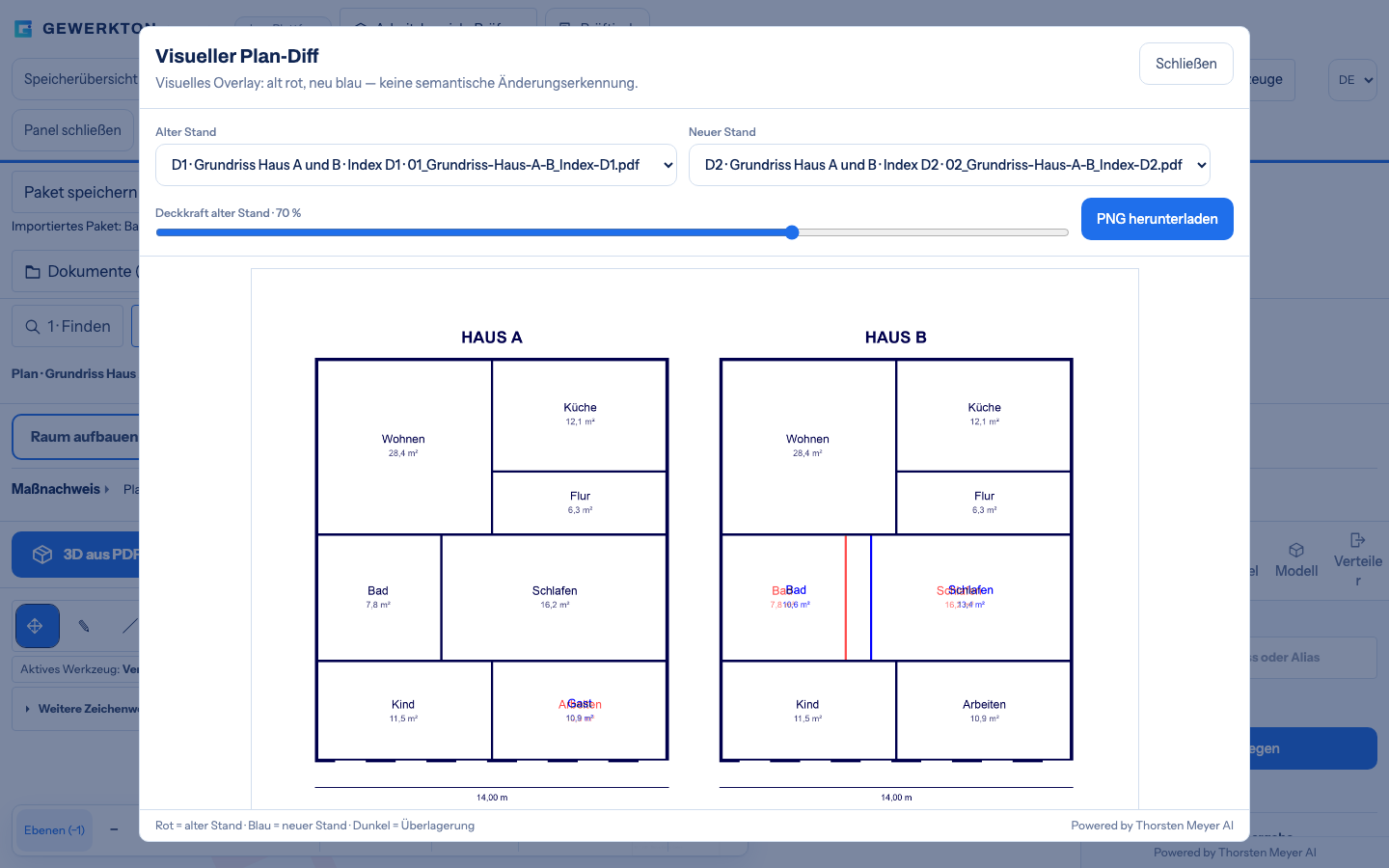 Plans and models in the browser: what Gewerkton Studio checks without a CAD workstation 4 Visual plan diff in Gewerkton Studio with a German interface: floor plans of house A and house B, the older revision in red overlaid with the newer revision in blue, an opacity slider and a button to download the overlay as PNG